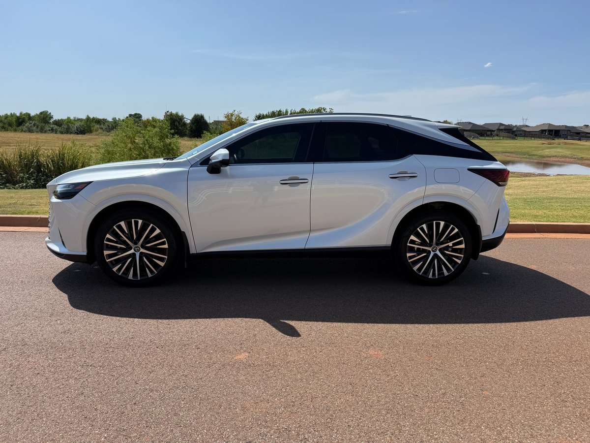 White Lexus SUV parked on asphalt with a rural landscape and clear blue sky in the background, gleaming after a full detail